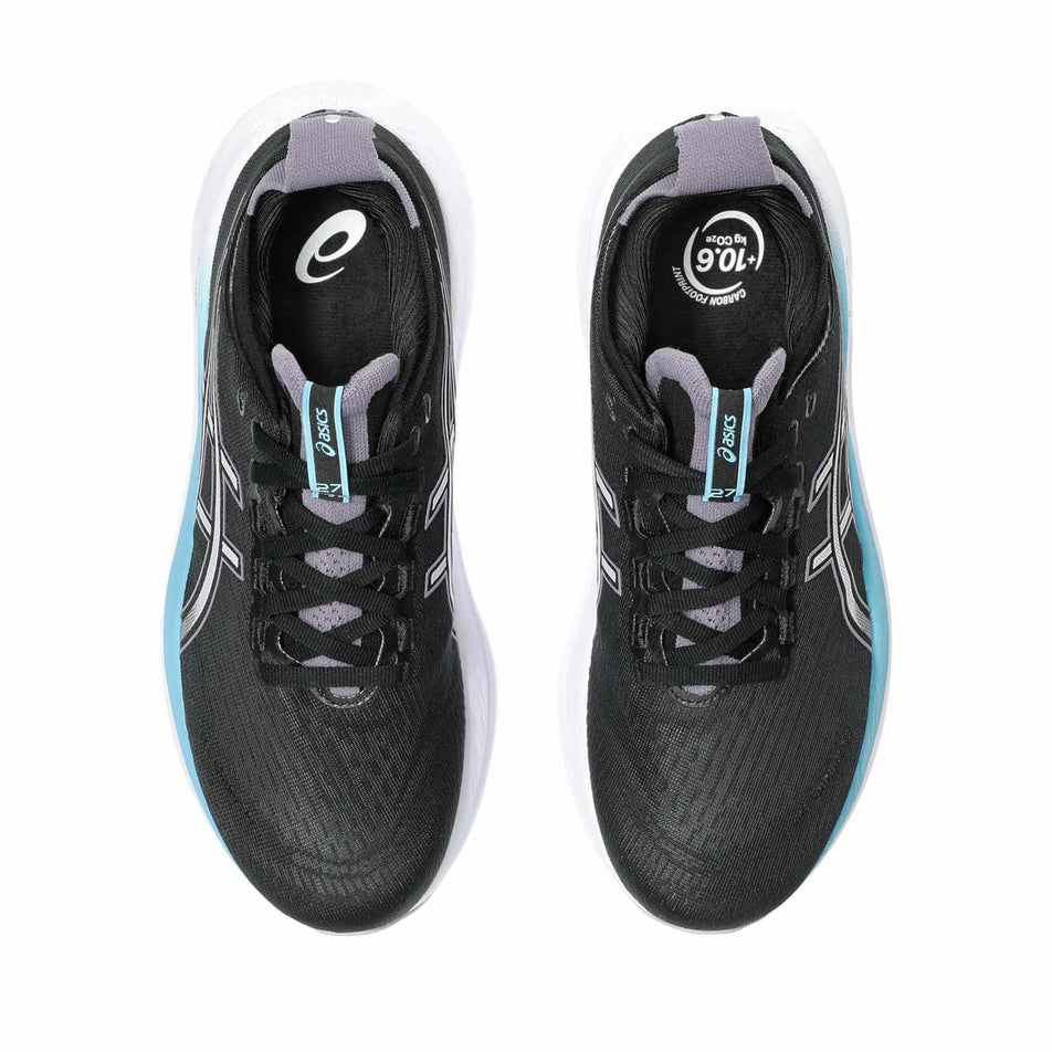 The uppers on a pair of ASICS Women's Gel-Nimbus 27 Running Shoes in the Black/Dusk Violet colourway. (8680764276898)