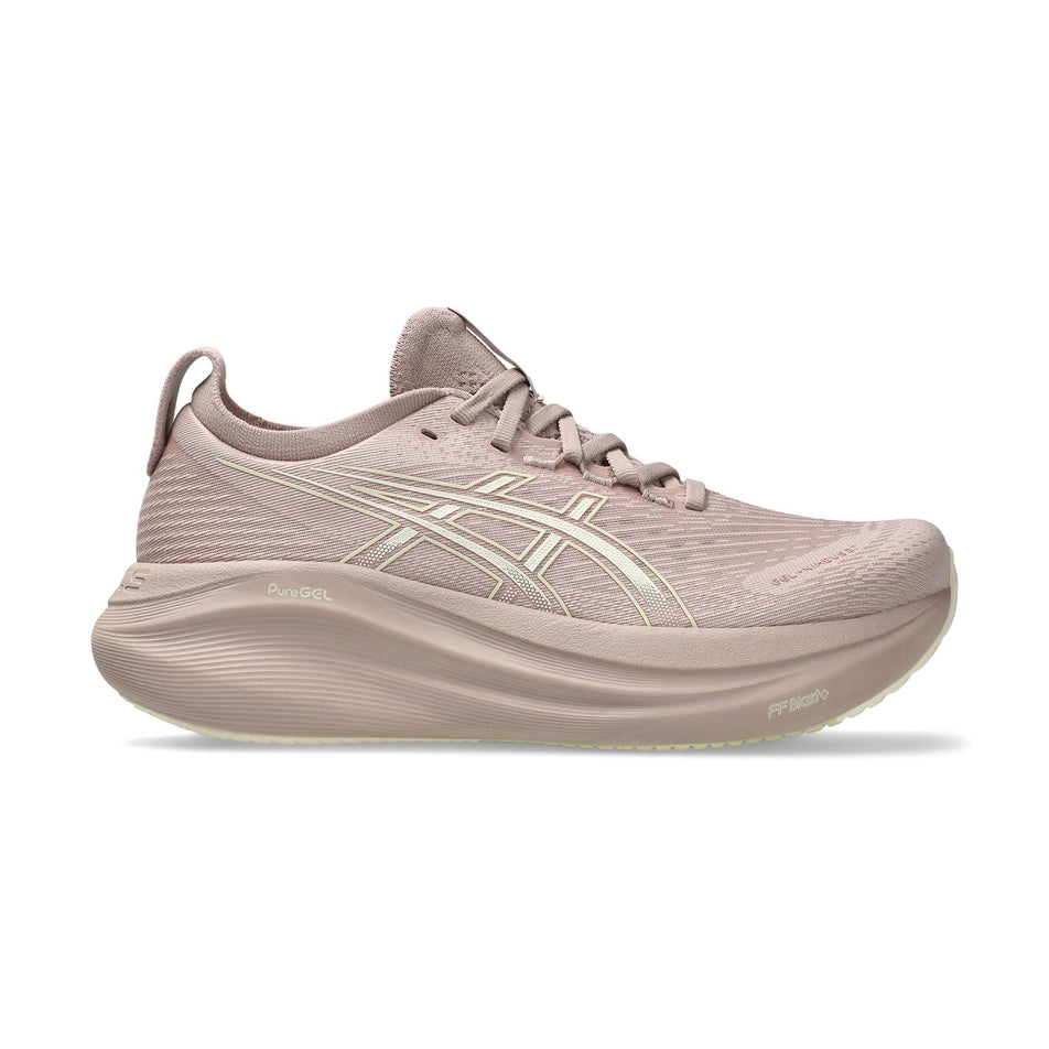 Lateral view of the right shoe from a pair of ASICS Women's Gel-Nimbus 27 Running Shoes in the Fawn/Birch colourway. (8669093331106)