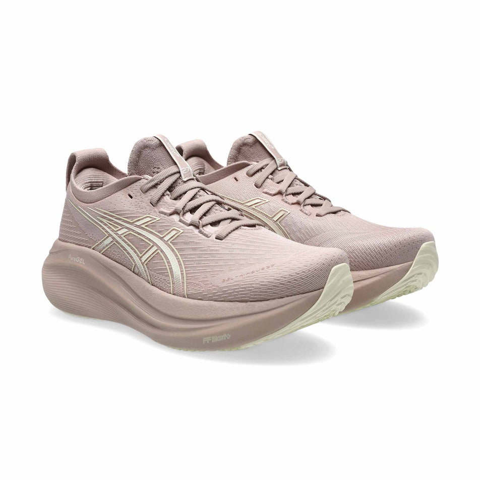 A pair of ASICS Women's Gel-Nimbus 27 Running Shoes in the Fawn/Birch colourway. (8669093331106)