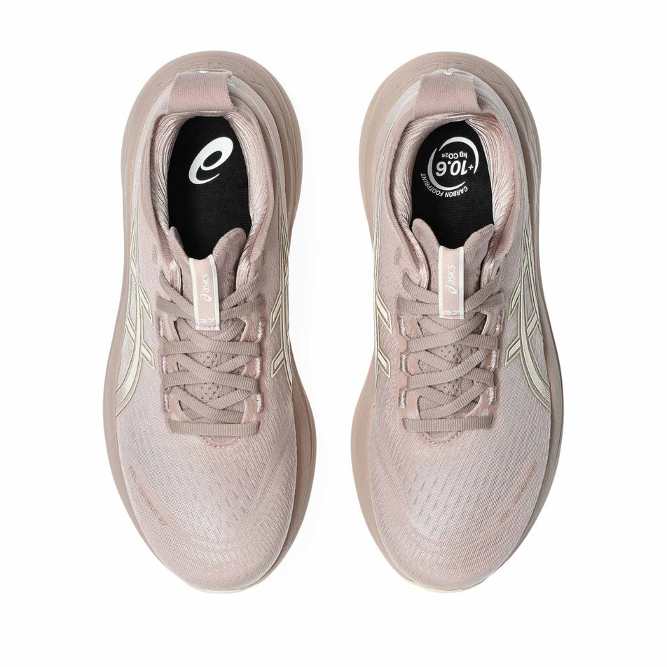 The uppers of a pair of ASICS Women's Gel-Nimbus 27 Running Shoes in the Fawn/Birch colourway. (8669093331106)
