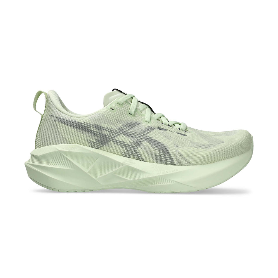 Lateral view of the right shoe from a pair of ASICS Women's Novablast 5 Running Shoes in the Whisper Green/Monument colourway. (8669097984162)