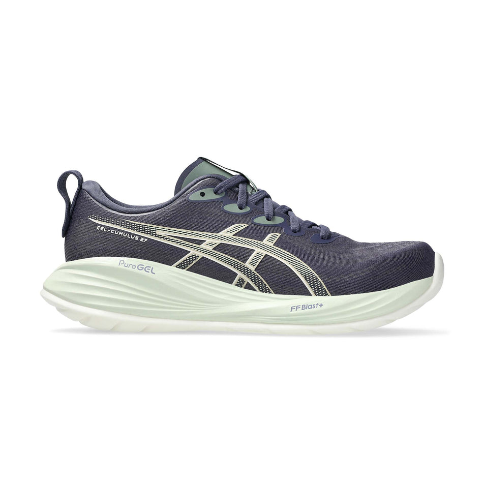 Lateral view of the right shoe from a pair of ASICS Women's Gel-Cumulus 27 Running Shoes in the Indigo Fog/Cream colourway. (8669095657634)