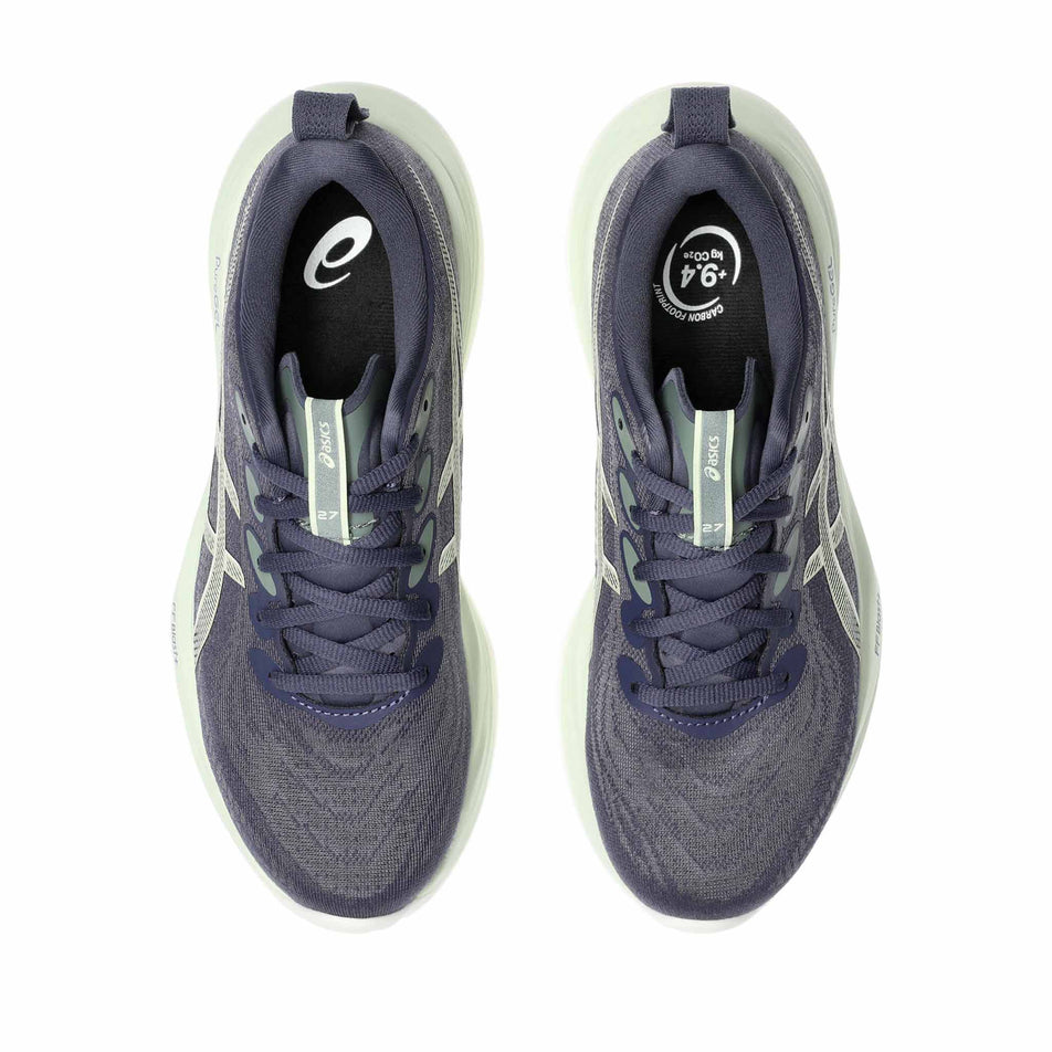 The uppers of a pair of ASICS Women's Gel-Cumulus 27 Running Shoes in the Indigo Fog/Cream colourway. (8669095657634)