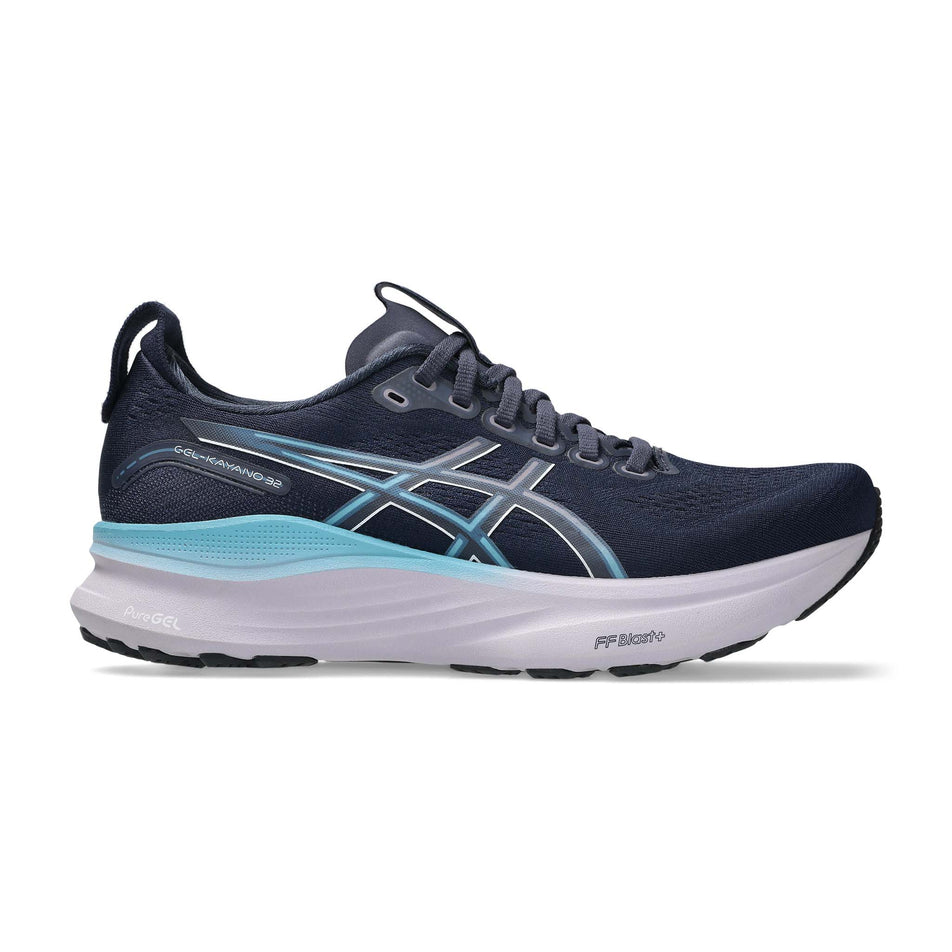 Lateral view of the right shoe from a pair of Asics Women's Gel-Kayano 32 Running Shoes in the Midnight/Stillwater colourway. (8680606990498)