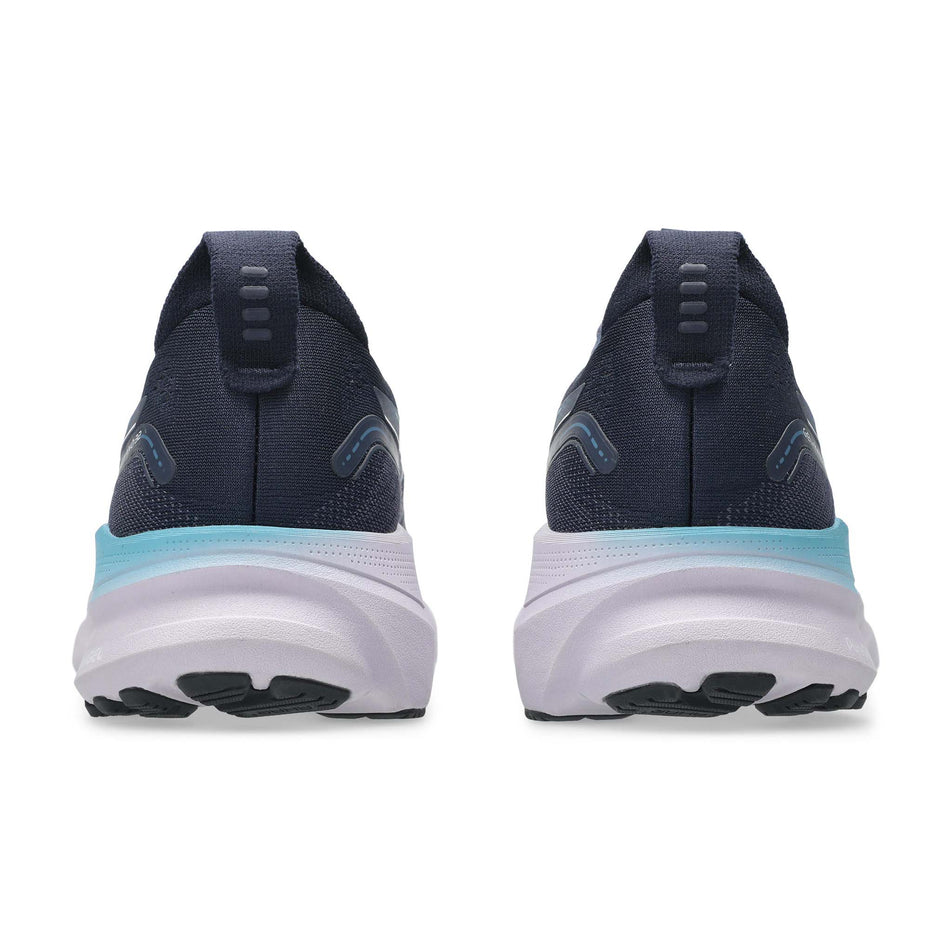 The back of a pair of Asics Women's Gel-Kayano 32 Running Shoes in the Midnight/Stillwater colourway. (8680606990498)