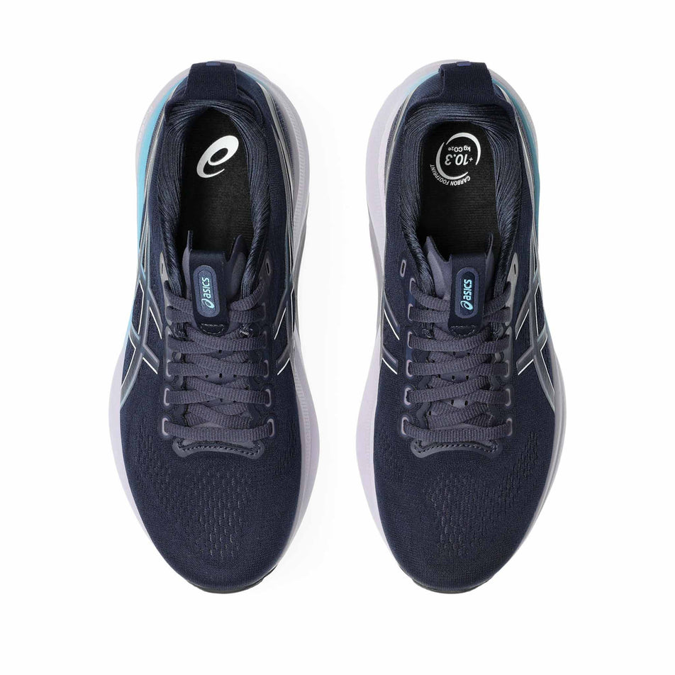 The uppers of a pair of Asics Women's Gel-Kayano 32 Running Shoes in the Midnight/Stillwater colourway. (8680606990498)