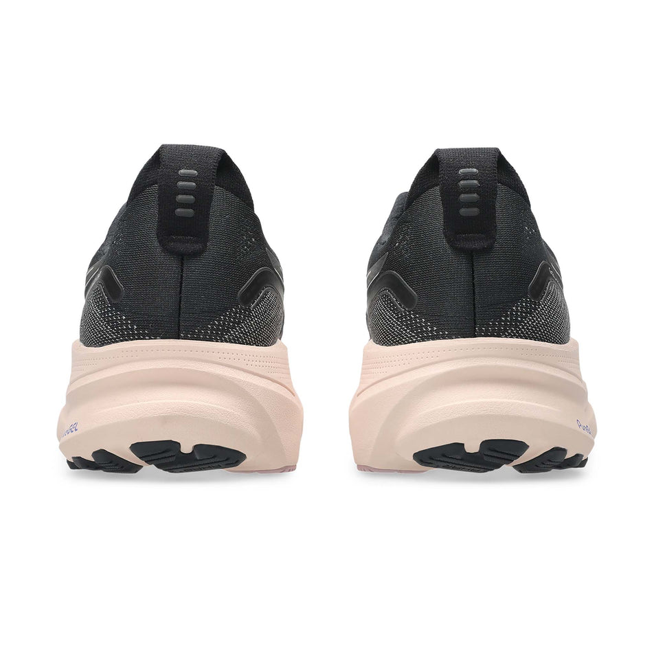 The back of a pair of ASICS Women's Gel-Kayano 32 Running Shoes in the Black/Pearl Pink colourway.