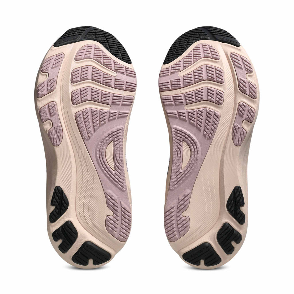 The outsoles of a pair of ASICS Women's Gel-Kayano 32 Running Shoes in the Black/Pearl Pink colourway.