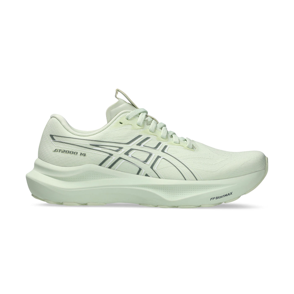 Lateral view of the right shoe from a pair of ASICS Women's GT-2000 14 Running Shoes in the Whisper Green/Monument colourway. (8669090185378)