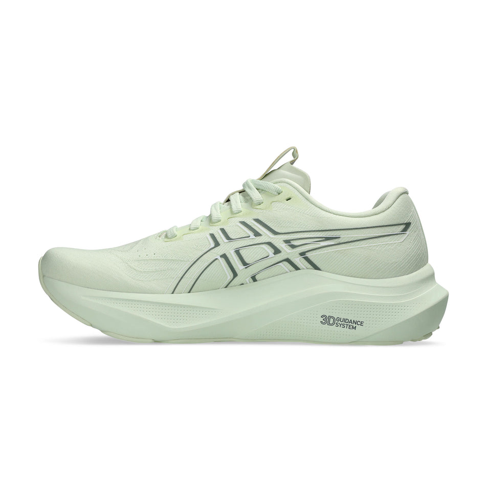 Medial view of the right shoe from a pair of ASICS Women's GT-2000 14 Running Shoes in the Whisper Green/Monument colourway. (8669090185378)