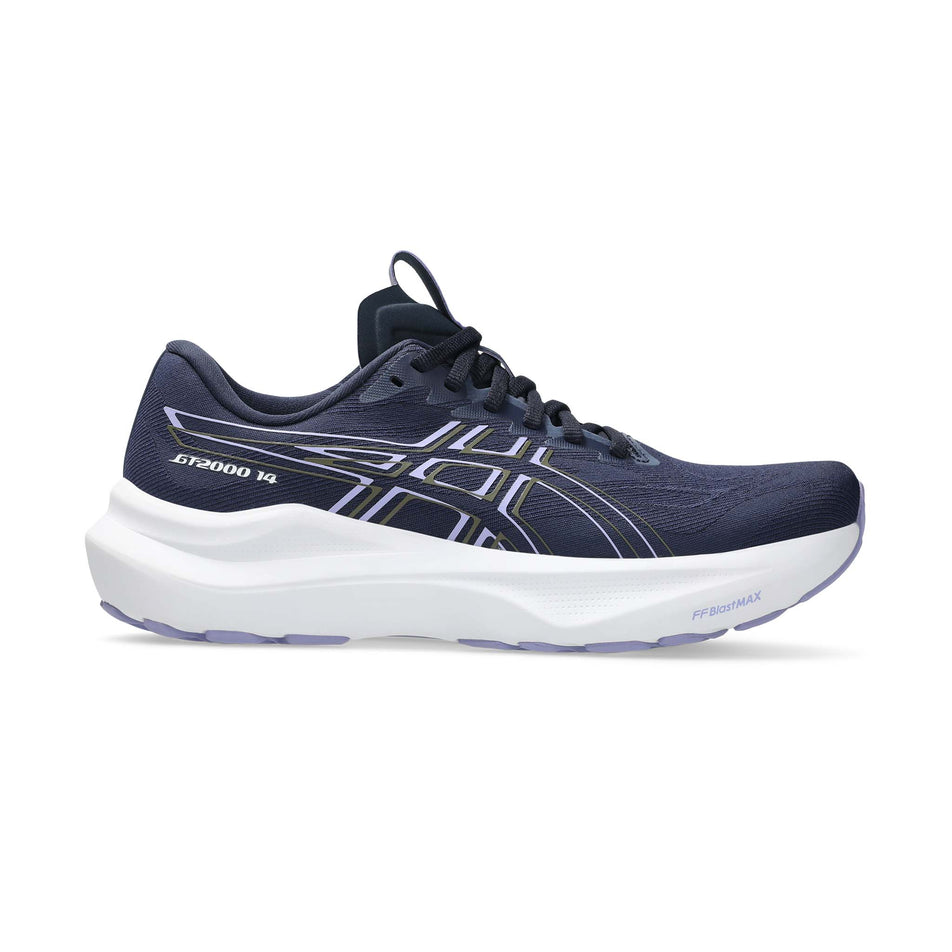 Lateral view of the right shoe from a pair of ASICS Women's GT-2000 14 Running Shoes in the Midnight/Bluebell colourway.