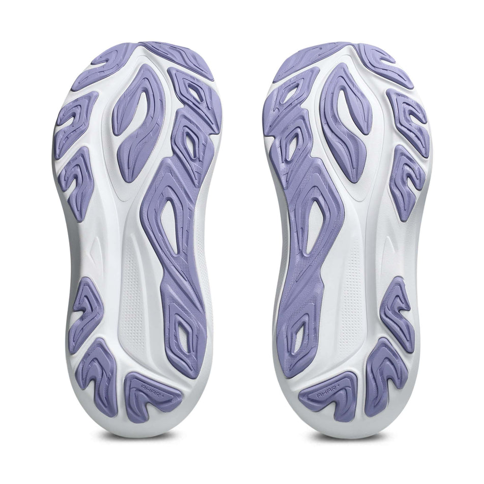 The outsoles of a pair of ASICS Women's GT-2000 14 Running Shoes in the Midnight/Bluebell colourway.