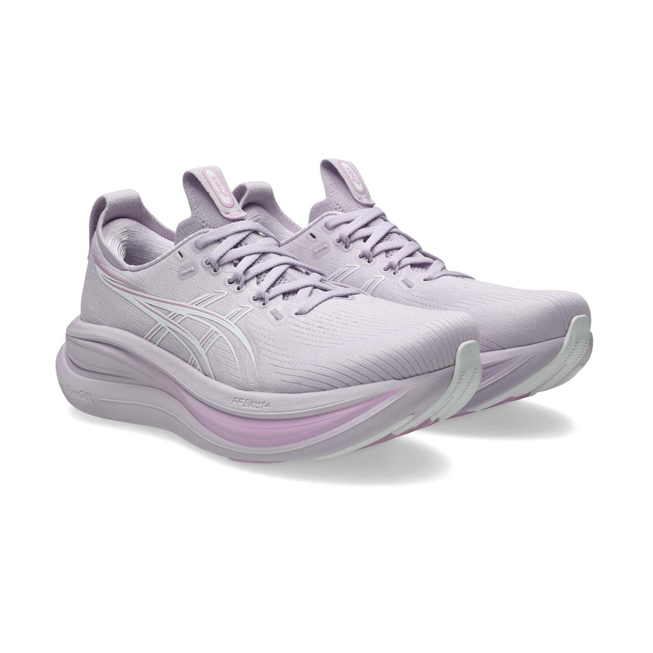 A pair of ASICS Women's Gel-Nimbus 28 Running Shoes in the Dahlia/White colourway.