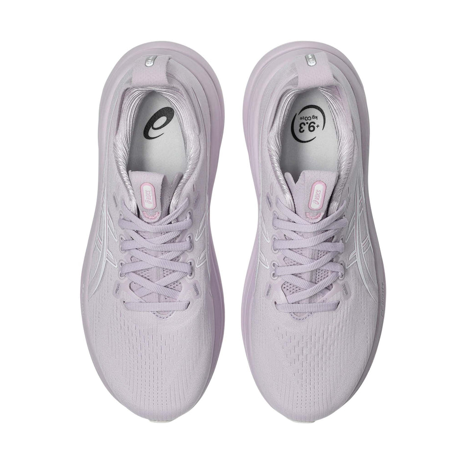 The uppers of a pair of ASICS Women's Gel-Nimbus 28 Running Shoes in the Dahlia/White colourway.