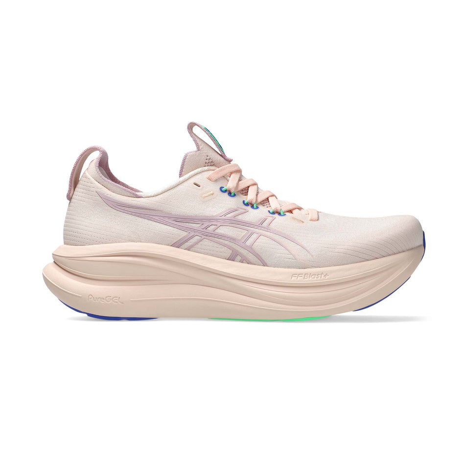 Lateral view of the right shoe from a pair of ASICS Women's Gel-Nimbus 28 Running Shoes in the Pearl Pink/Morganite colourway.
