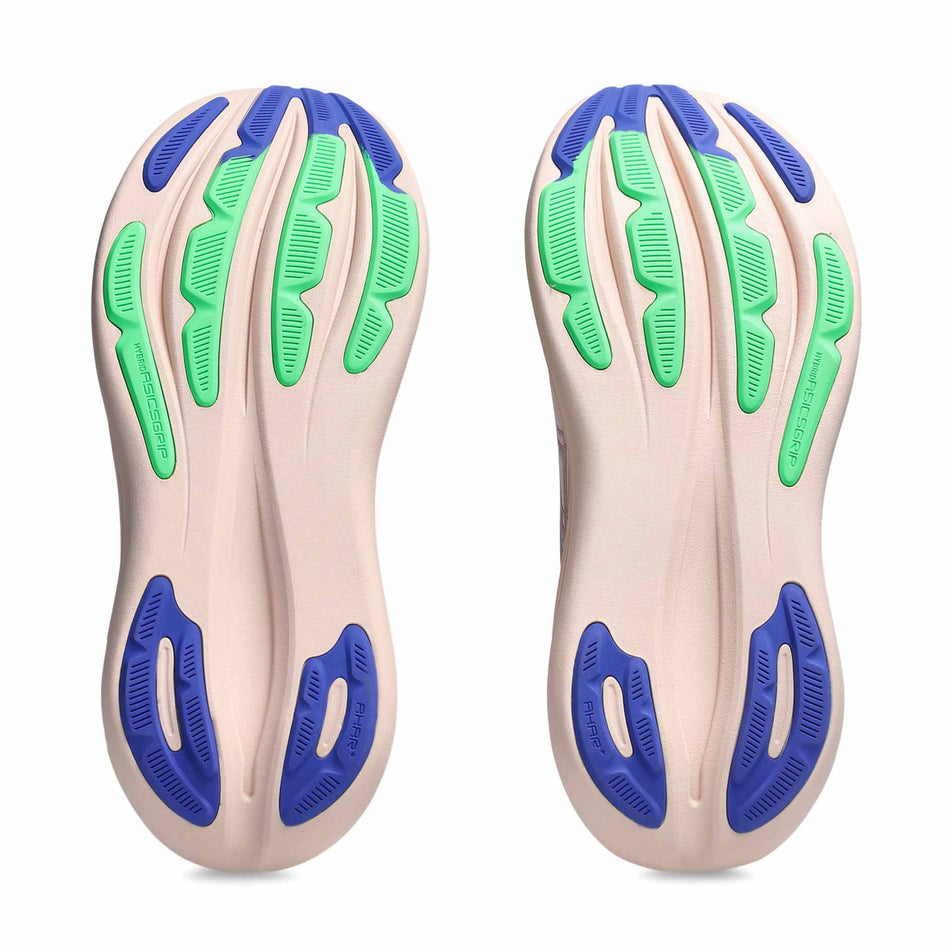 The outsoles of a pair of ASICS Women's Gel-Nimbus 28 Running Shoes in the Pearl Pink/Morganite colourway.