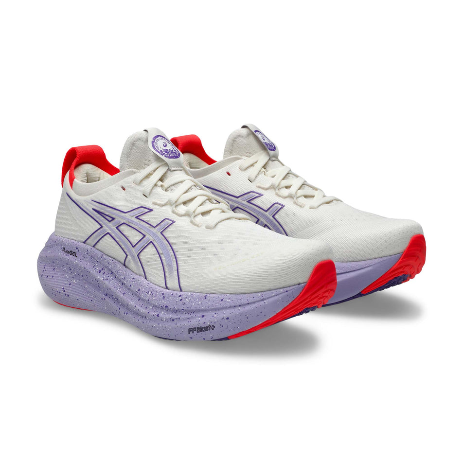 A pair of ASICS Women's Gel-Nimbus 27 Tokyo Running Shoes in the Cream/Edo Purple colourway. (8720464216226)