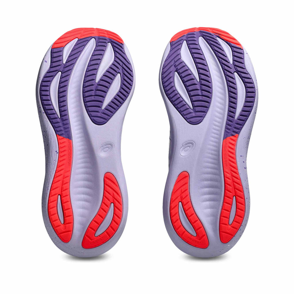 The outsoles of a pair of ASICS Women's Gel-Nimbus 27 Tokyo Running Shoes in the Cream/Edo Purple colourway. (8720464216226)