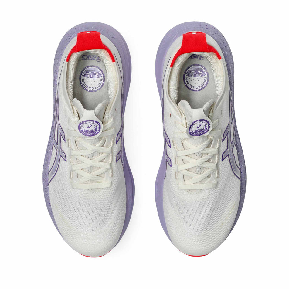 The uppers of a pair of ASICS Women's Gel-Nimbus 27 Tokyo Running Shoes in the Cream/Edo Purple colourway. (8720464216226)
