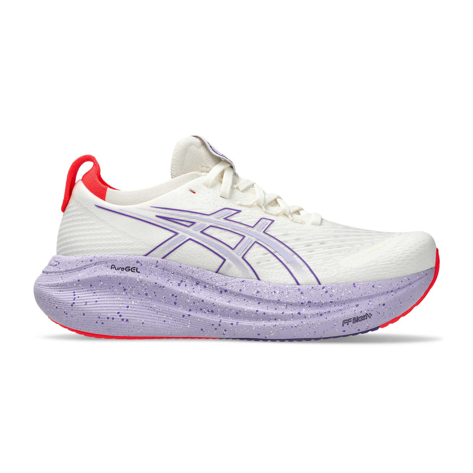 Lateral view of the right shoe from a pair of ASICS Women's Gel-Nimbus 27 Tokyo Running Shoes in the Cream/Edo Purple colourway. (8720464216226)