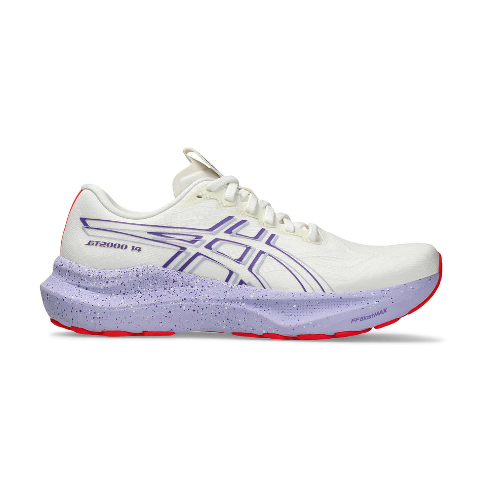 Lateral view of the right shoe from a pair of ASICS Women's GT-2000 14 Tokyo Running Shoes in the Cream/Edo Purple colourway. (8720459333794)