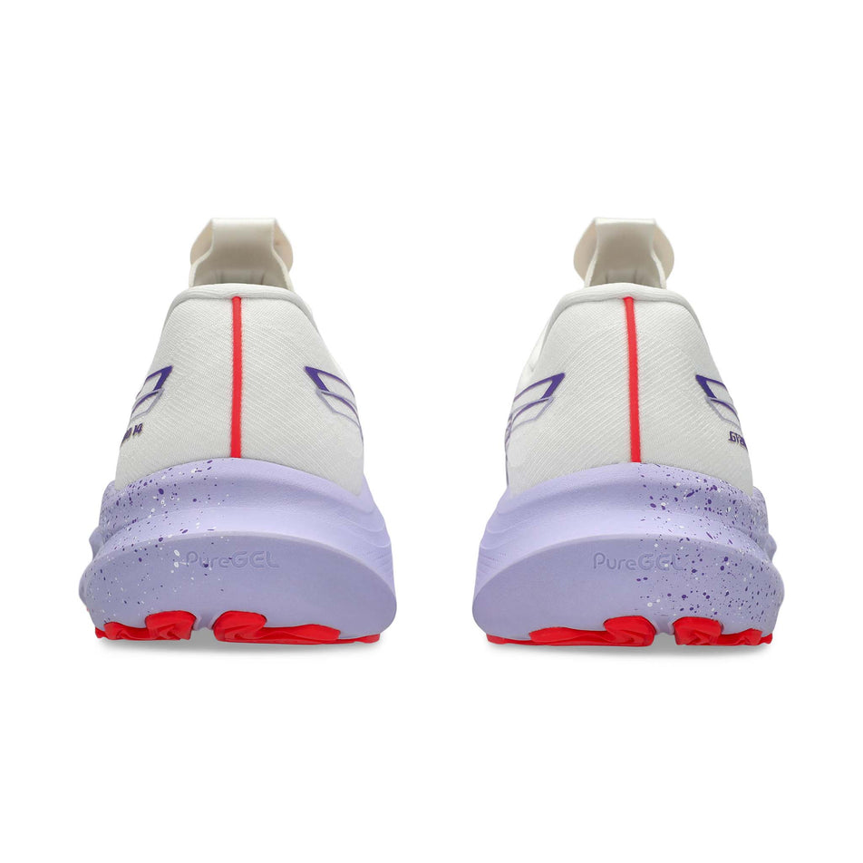 The back of a pair of ASICS Women's GT-2000 14 Tokyo Running Shoes in the Cream/Edo Purple colourway. (8720459333794)