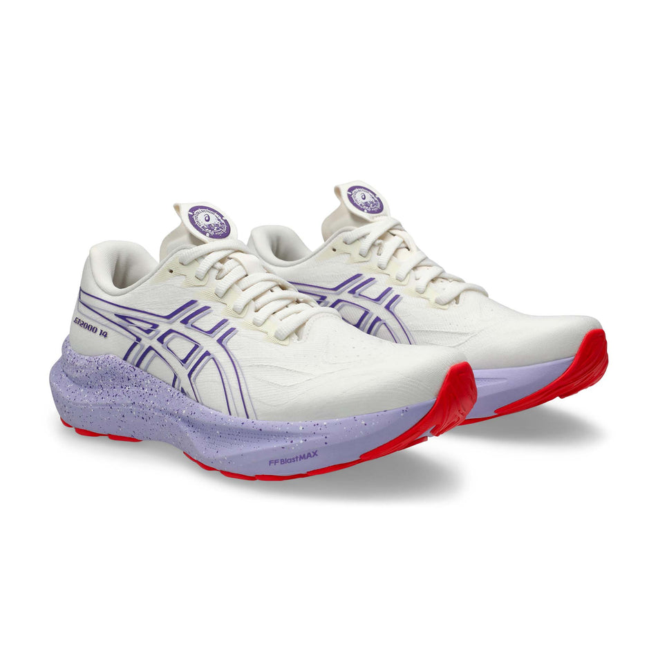 A pair of ASICS Women's GT-2000 14 Tokyo Running Shoes in the Cream/Edo Purple colourway. (8720459333794)