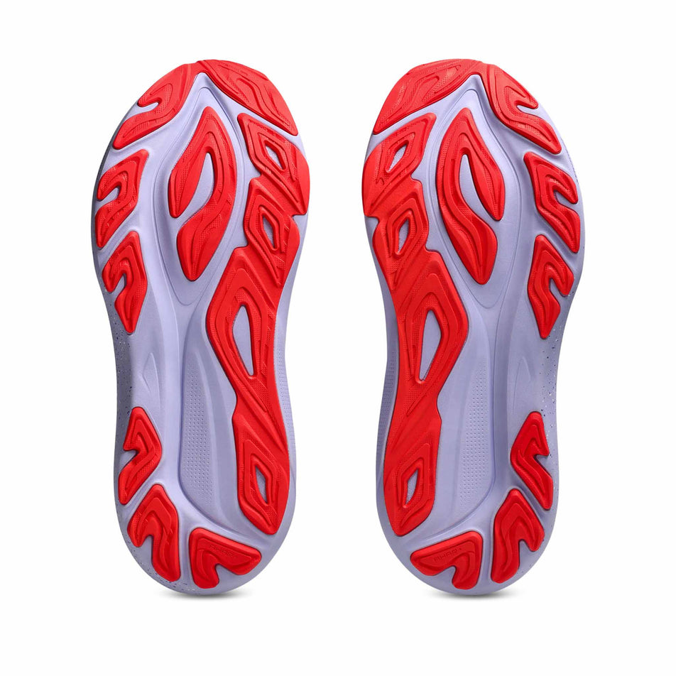 The outsoles of a pair of ASICS Women's GT-2000 14 Tokyo Running Shoes in the Cream/Edo Purple colourway. (8720459333794)