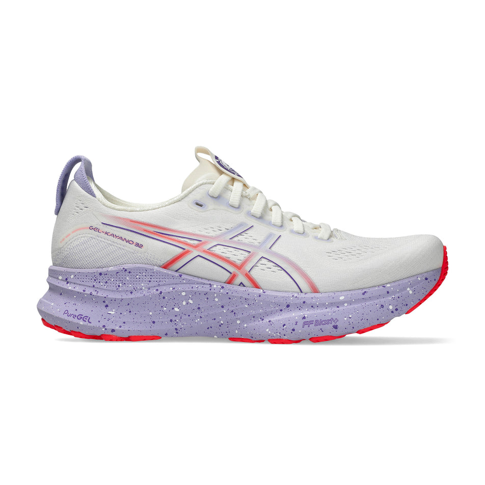 Lateral view of the right shoe from a pair of ASICS Women's Gel-Kayano 32 Tokyo Running Shoes in the Cream/Edo Purple colourway. (8720409428130)