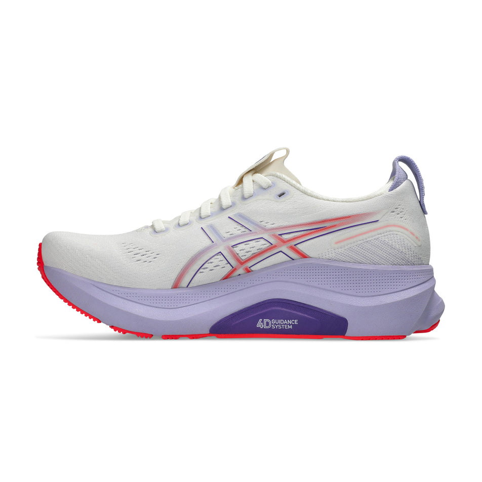 Medial view of the right shoe from a pair of ASICS Women's Gel-Kayano 32 Tokyo Running Shoes in the Cream/Edo Purple colourway. (8720409428130)