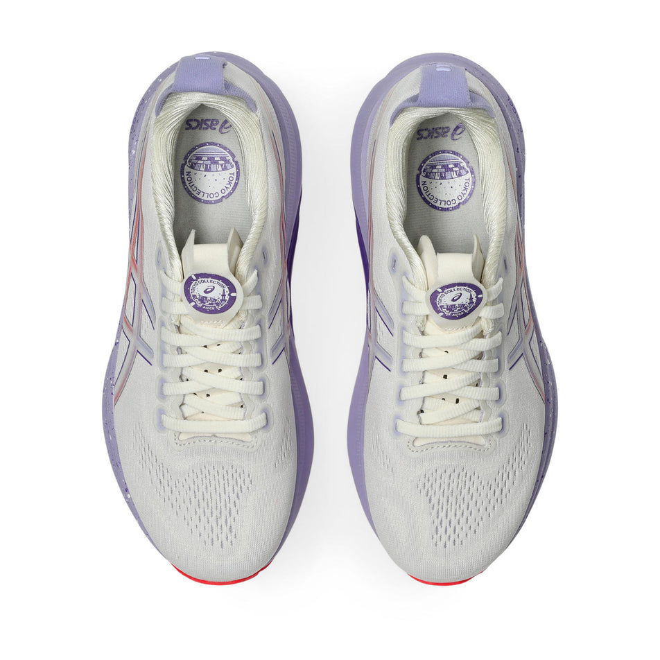 The uppers of a pair of ASICS Women's Gel-Kayano 32 Tokyo Running Shoes in the Cream/Edo Purple colourway. (8720409428130)