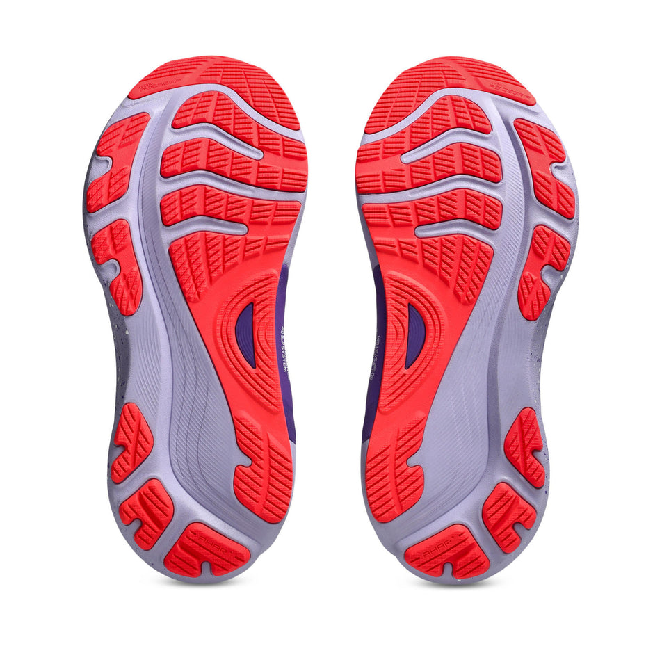 The outsoles of a pair of ASICS Women's Gel-Kayano 32 Tokyo Running Shoes in the Cream/Edo Purple colourway. (8720409428130)