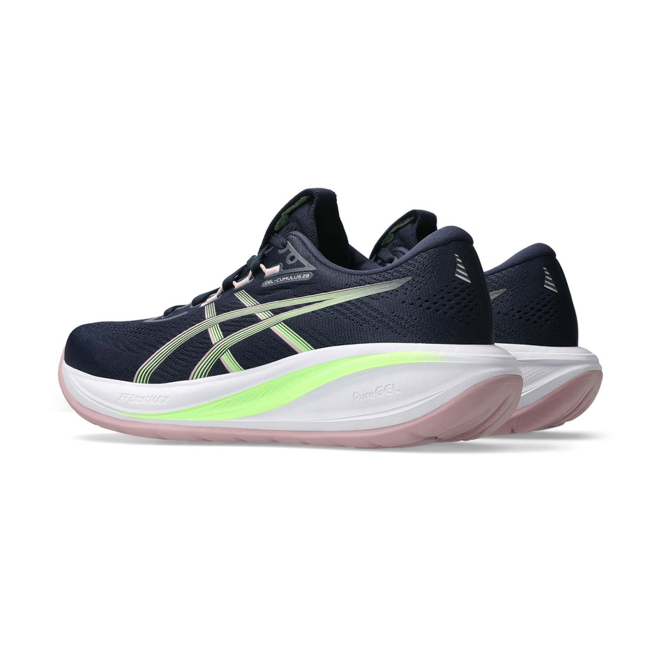 A pair of ASICS Women's Gel-Cumulus 28 Running Shoes in the Midnight/Illuminate Green colourway.