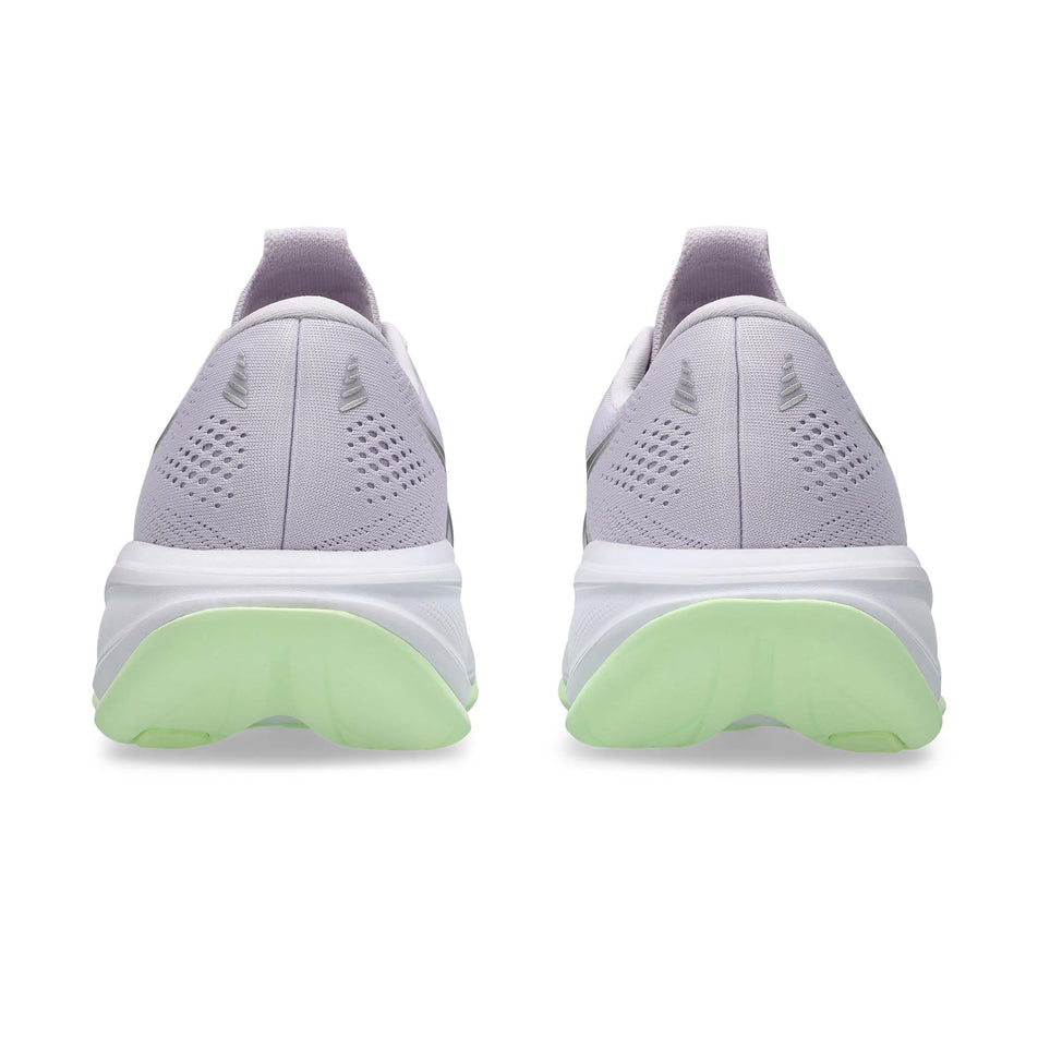 The back of a pair of ASICS Women's Gel-Cumulus 28 Running Shoes in the Dahlia/Illuminate Yellow colourway.