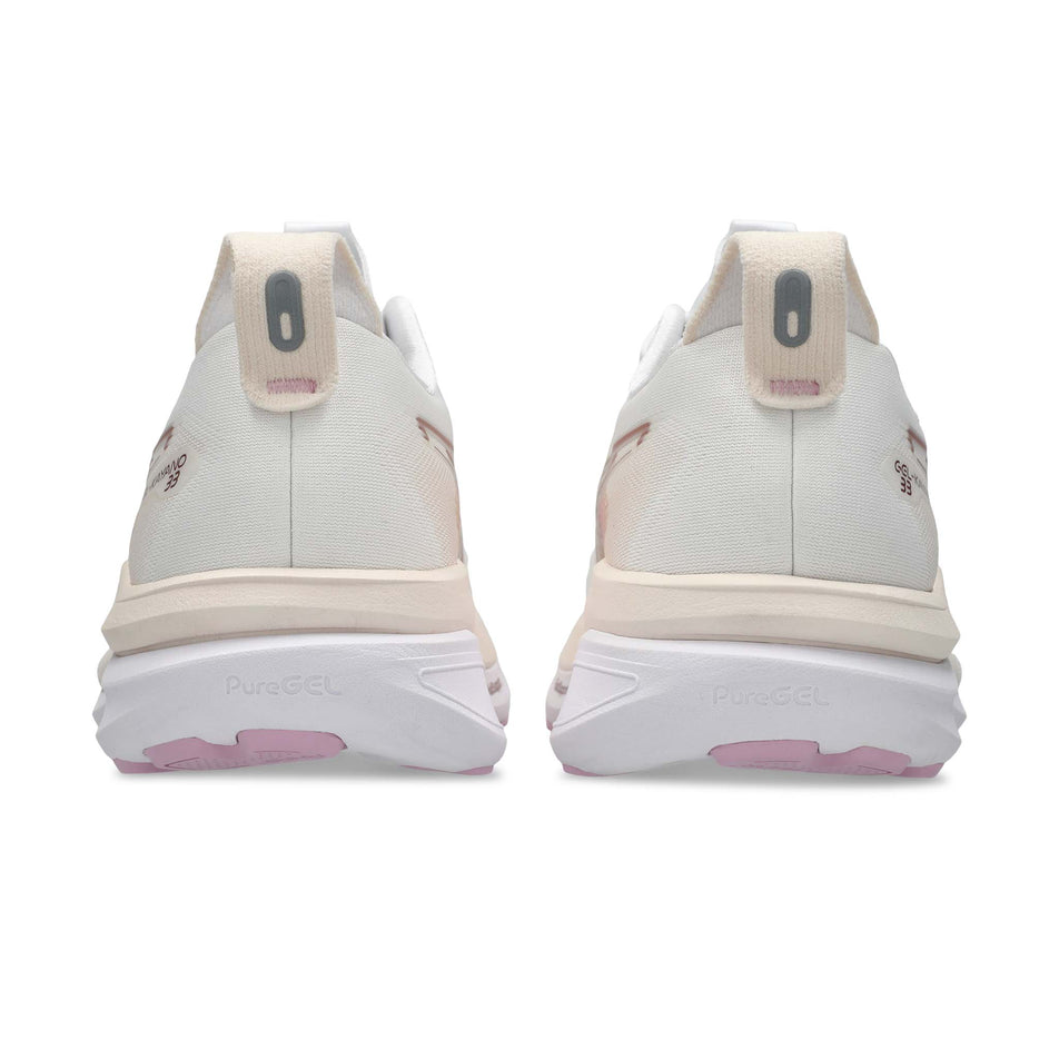 The back of a pair of ASICS Women's Gel-Kayano 33 Running Shoes in the White/Hazy Lilac colourway.