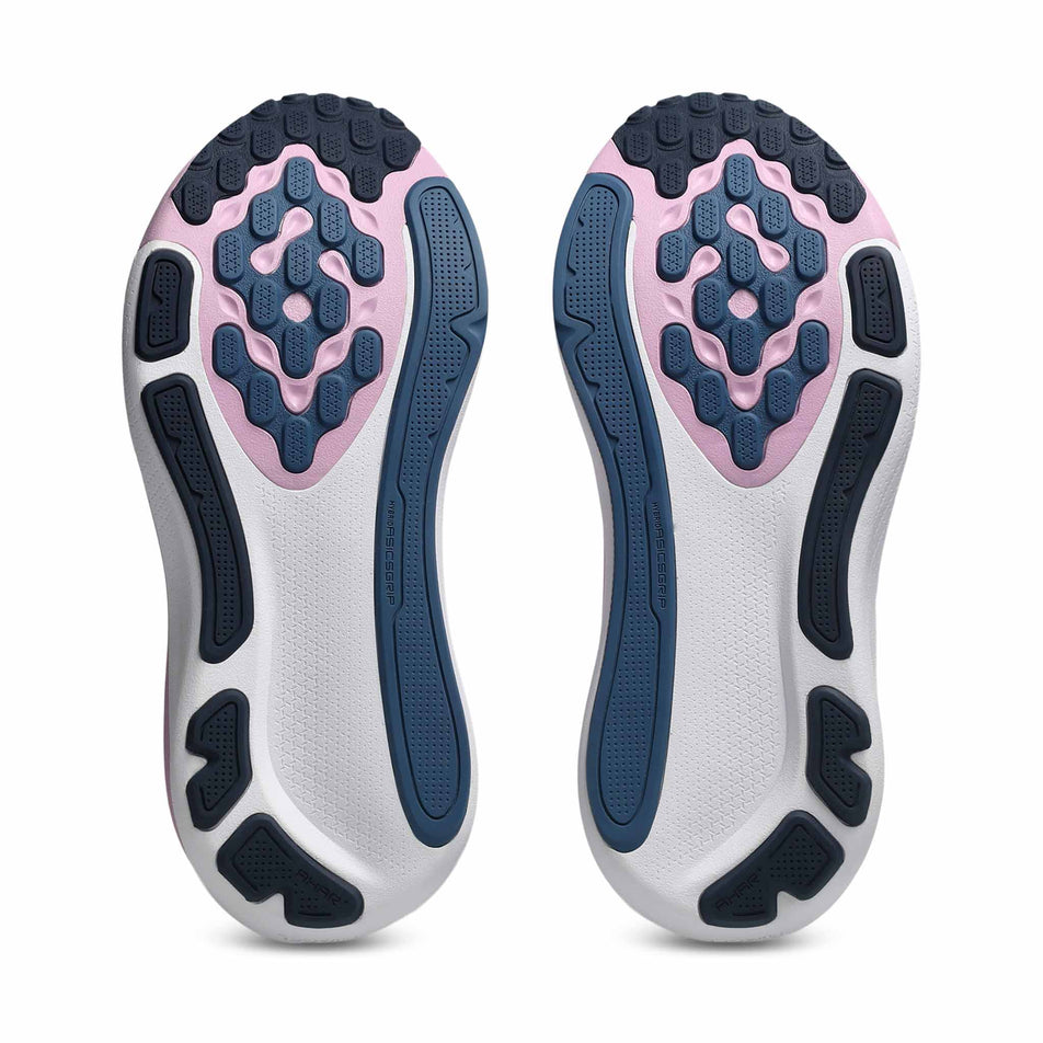 The outsoles of a pair of ASICS Women's Gel-Kayano 33 Running Shoes in the Hazy Lilac/White colourway.