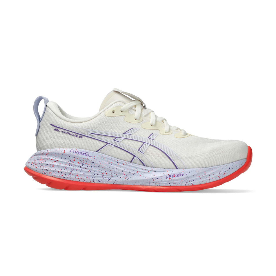 Lateral view of the right shoe from a pair of ASICS Women's Gel-Cumulus 27 Tokyo Running Shoes in the Cream/Edo Purple colourway. (8720465461410)
