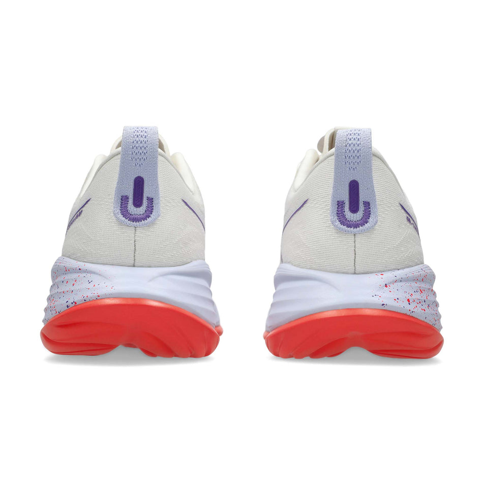 The back of a pair of ASICS Women's Gel-Cumulus 27 Tokyo Running Shoes in the Cream/Edo Purple colourway. (8720465461410)