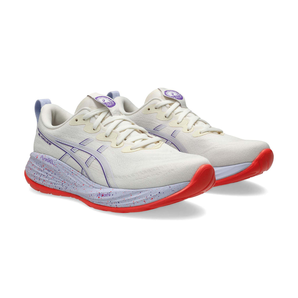 A pair of ASICS Women's Gel-Cumulus 27 Tokyo Running Shoes in the Cream/Edo Purple colourway. (8720465461410)