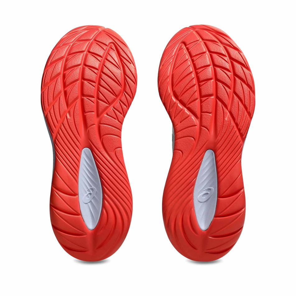 The outsoles of a pair of ASICS Women's Gel-Cumulus 27 Tokyo Running Shoes in the Cream/Edo Purple colourway. (8720465461410)