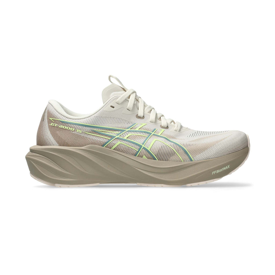 Lateral view of the right shoe from a pair of ASICS Women's GT-2000 15 Running Shoes in the Birch/Greige colourway.