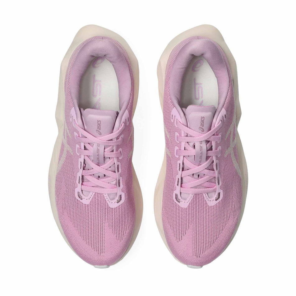 The uppers of a pair of ASICS Women's Novablast 6 Running Shoes in the Hazy Lilac/Rose Dust colourway.