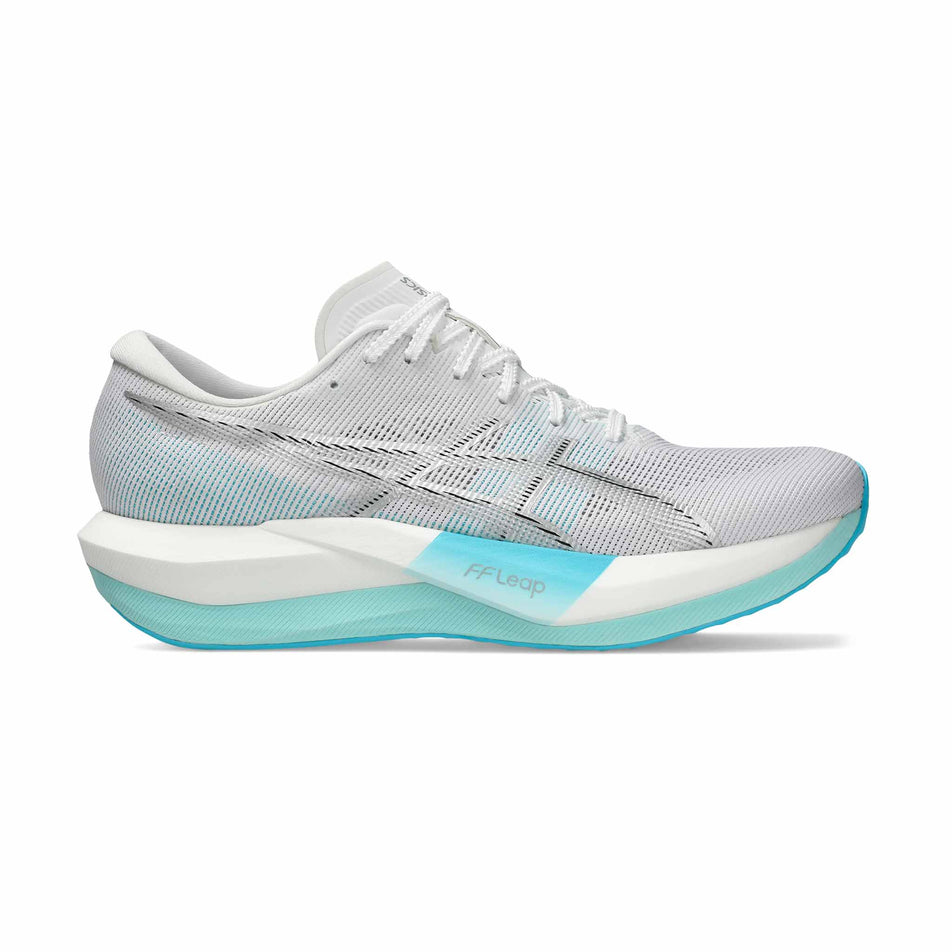 Lateral view of the right shoe from a pair of ASICS Unisex Magic Speed 5 Running Shoes in the White/Pure Silver colourway.