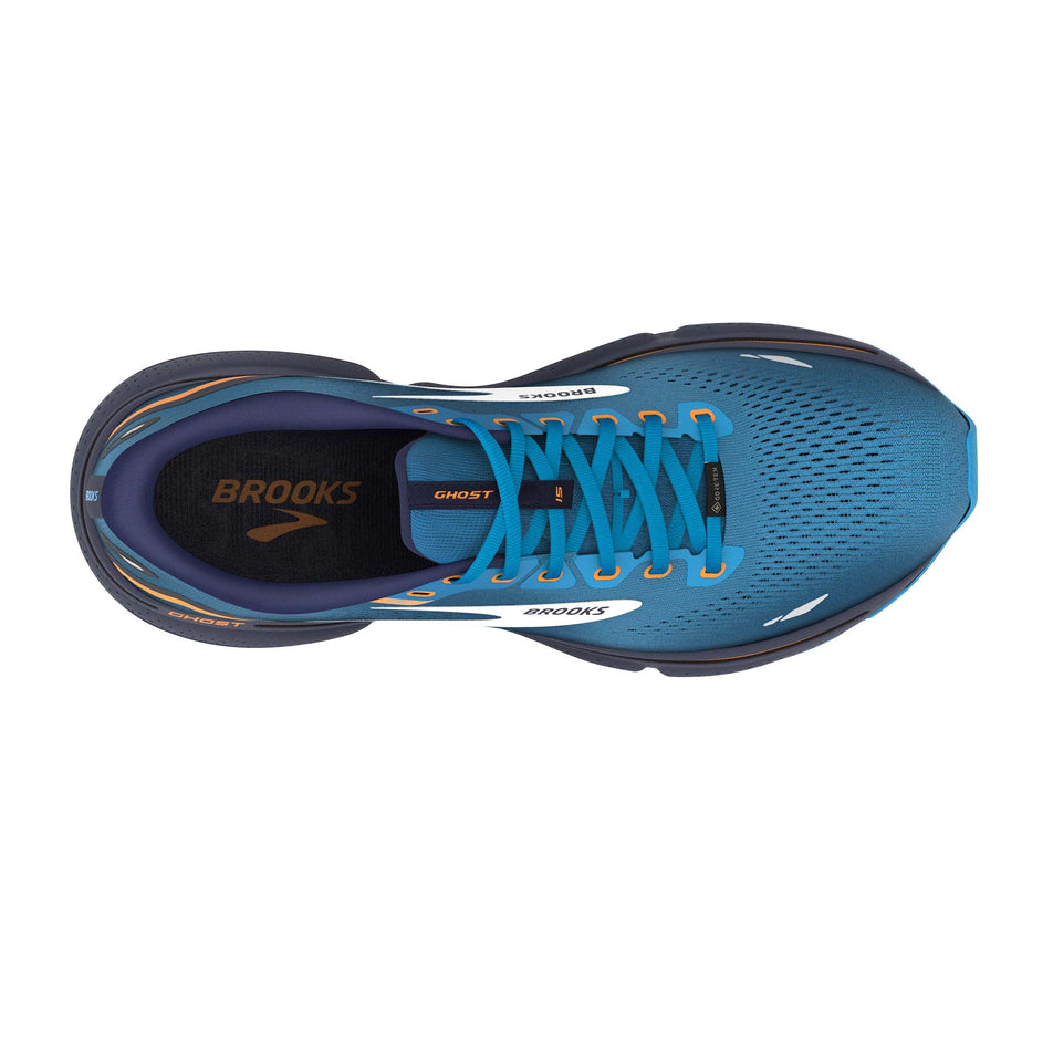 The upper of the right shoe from a pair of Brooks Men's Ghost 15 GORE-TEX Running Shoes in the Blue/Peacoat/orange colourway (7901065314466)