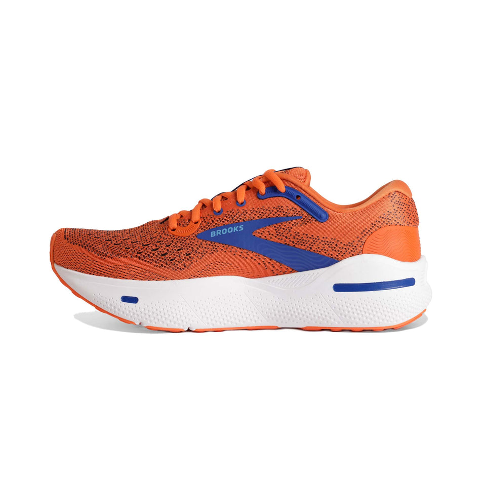 Medial side of the right shoe from a pair of Brooks Men's Ghost Max Running Shoes in the Red Orange/Black/Surf The Web colourway (8104446886050)