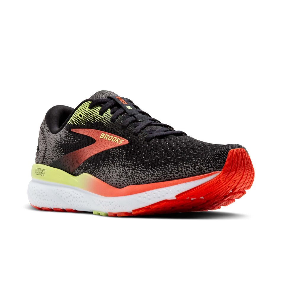Lateral side of the right shoe from a pair of Brooks Men's Ghost 16 Running Shoes in the Black/Mandarin Red/Green colourway (8339206930594)