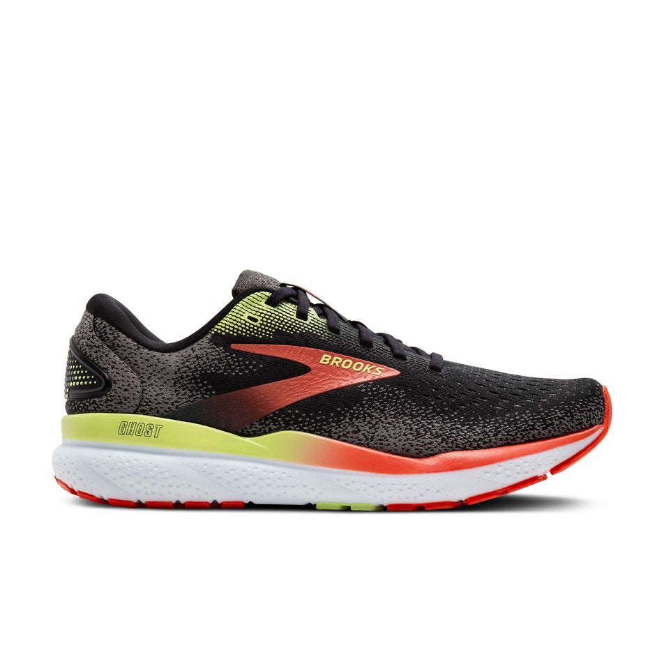 Lateral side of the right shoe from a pair of Brooks Men's Ghost 16 2E Running Shoes in the Black/Mandarin Red/Green colourway (8339207356578)