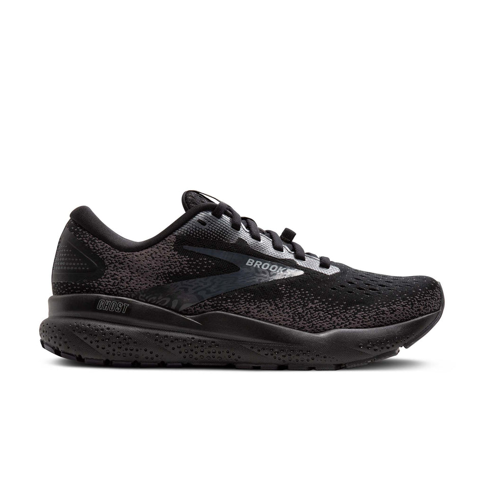 Lateral side of the right shoe from a pair of Brooks Men's Ghost 16 GORE-TEX Running Shoes in the Black/Black/Ebony colourway. (8472771461282)