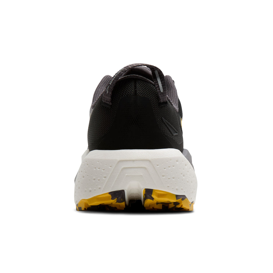 The back of the right shoe from a pair of Brooks Men's Caldera 8 Running Shoes in the Black/Rabbit/Zest colourway.