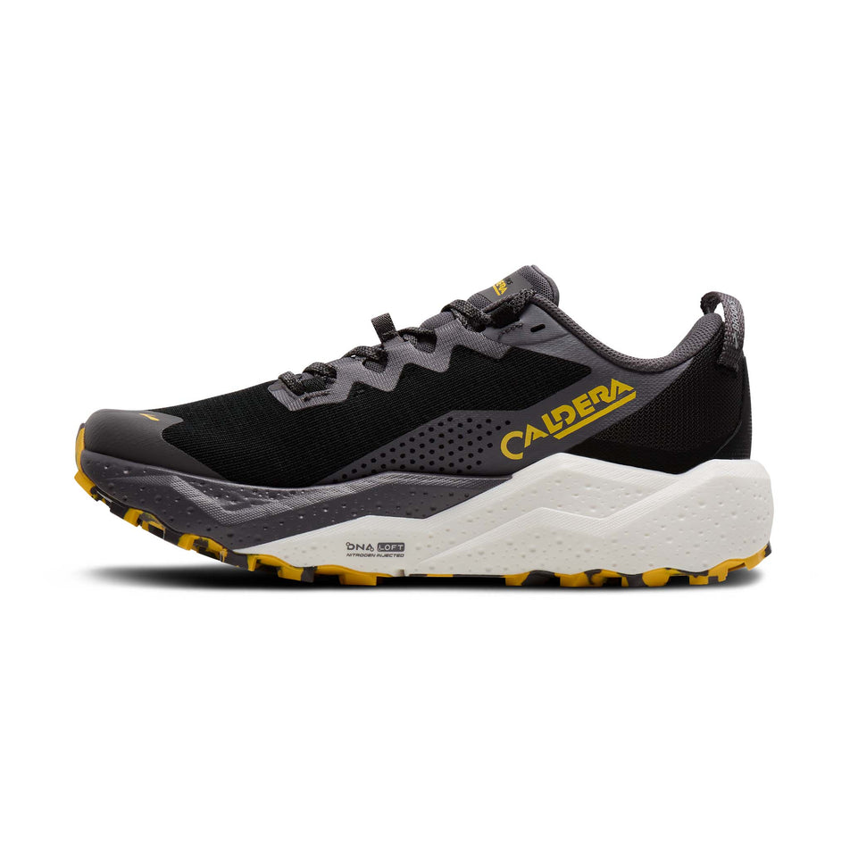 Medial view of the right shoe from a pair of Brooks Men's Caldera 8 Running Shoes in the Black/Rabbit/Zest colourway.